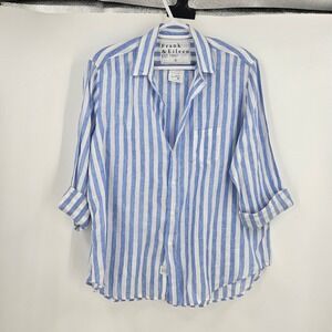 Frank & Eileen Button Down Shirt Blue White Striped Linen Lagenlook Size S